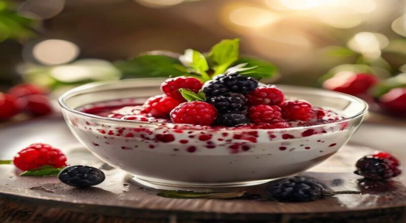 Taças individuais de pudim de chia com frutas vermelhas frescas e toque de hortelã