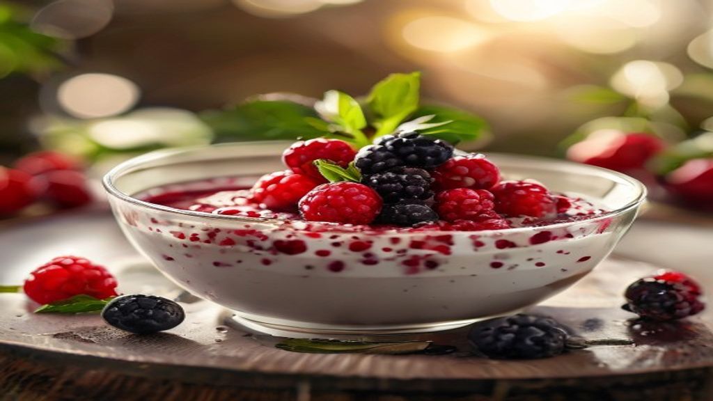 Pudim de chia com frutas vermelhas servido em taças, cremoso e decorado com frutas frescas