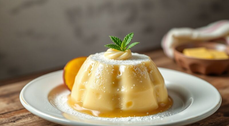 Pudim branco e bem lisinho, desenformado na travessa, com fatia cortada mostrando cremosidade e firmeza