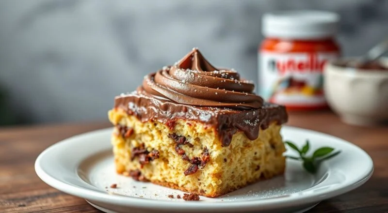 Bolo alto com camadas bem definidas e recheio de Nutella liso, brilhante e com corte limpo