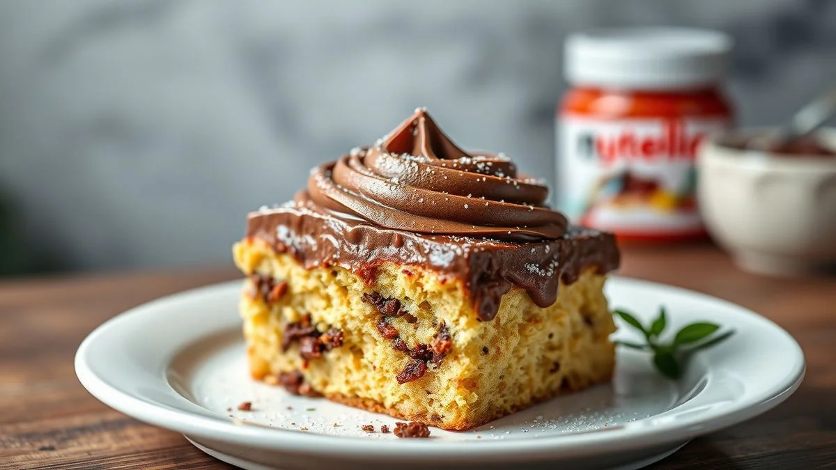 Recheio de Nutella firme e cremoso em camadas de bolo de chocolate, com textura lisa e corte limpo
