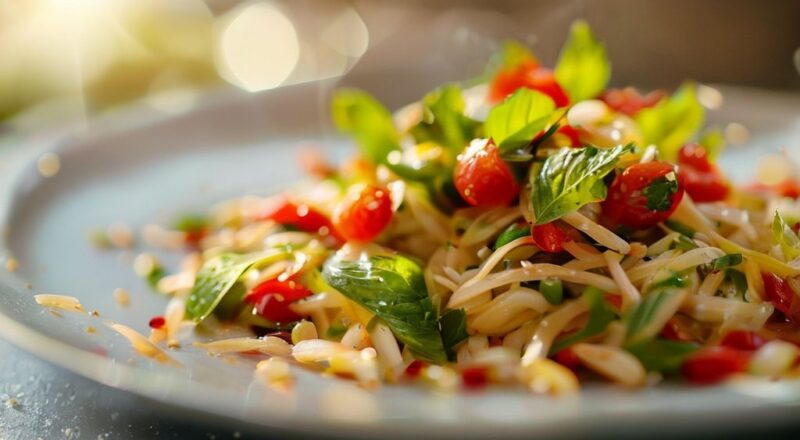 Tigela com salada de cevadinha colorida, legumes frescos e ervas, prato leve e apetitoso