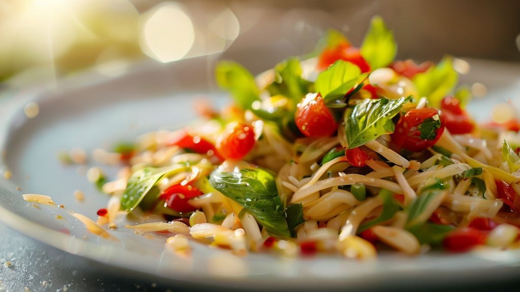 Salada de cevadinha leve e colorida com legumes frescos e ervas, servida em tigela de vidro
