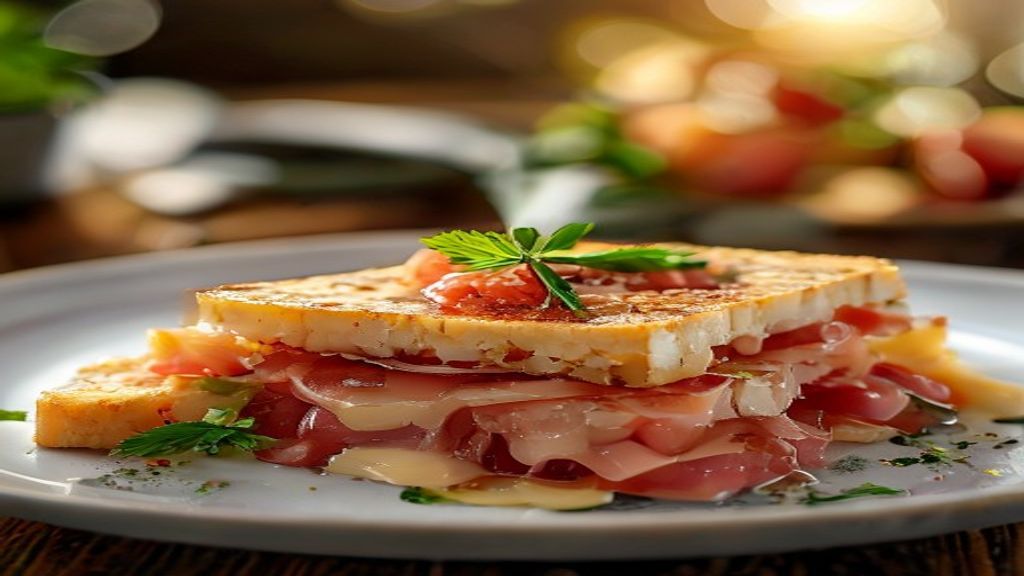 Salgadinho de presunto e queijo crocante e dourado, com recheio cremoso e apetitoso, servido em prato rústico