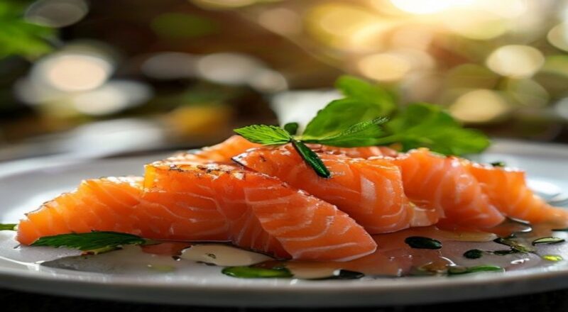 Fatias finas de sashimi de salmão fresquíssimo servidas em prato elegante com gengibre, wasabi e molho shoyu.