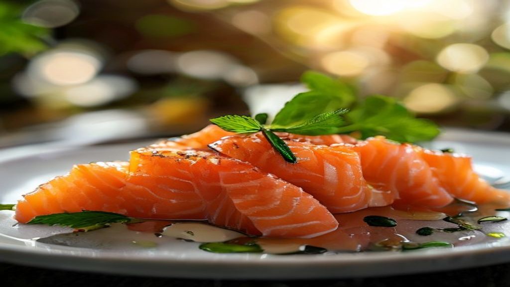 Prato de sashimi de salmão fresco fatiado em finas lâminas, servido com shoyu e wasabi, em tigela japonesa elegante