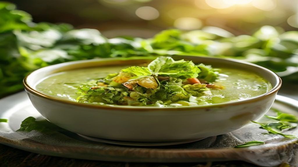 tigela de sopa menos gordurosa com alface, decorada com ervas frescas e servida quente, leve e caseira