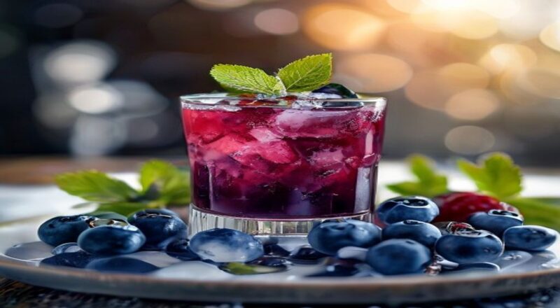 Copo alto com suco de mirtilo gelado, decorado com folhas de hortelã e cubos de gelo, cor intensa e aparência refrescante