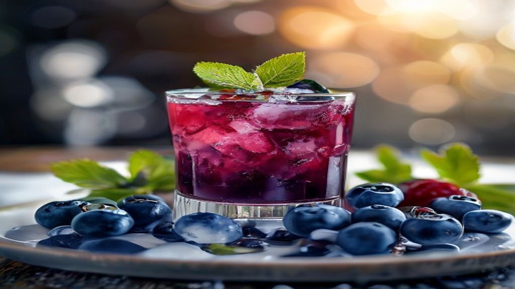 Copo de suco de mirtilo gelado com hortelã, cor vibrante e aspecto refrescante, perfeito para o verão