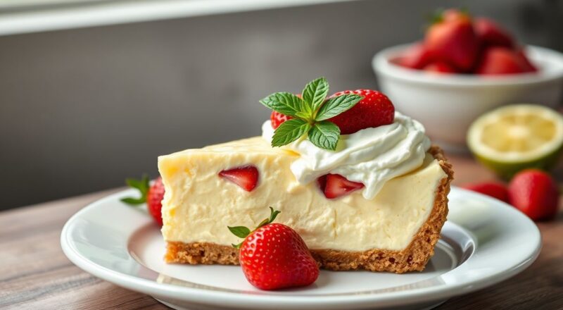 Torta gelada com base de biscoito crocante, creme de limão bem firme e morangos frescos brilhando por cima