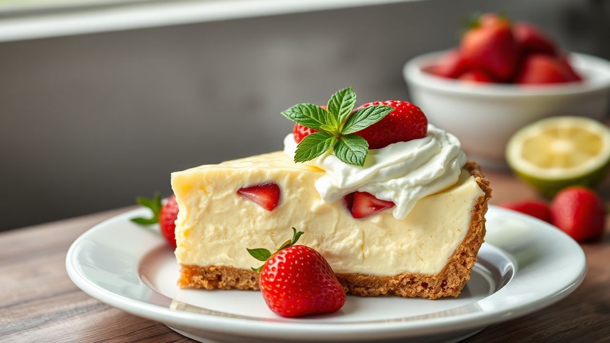 Fatia de torta de limão com morango sem forno, creme firme e base crocante, finalizada com morangos frescos