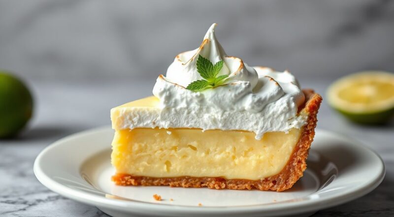 Torta de limão com base crocante, creme alto e liso e merengue suíço bem dourado em picos, servida em prato com raspas de limão