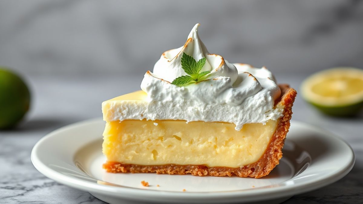Fatia de torta de limão firme com merengue suíço dourado e base crocante, pronta para servir