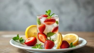 Água aromatizada com sabor intenso de limão, hortelã e morangos em um copo decorado, rodeada de frutas frescas.