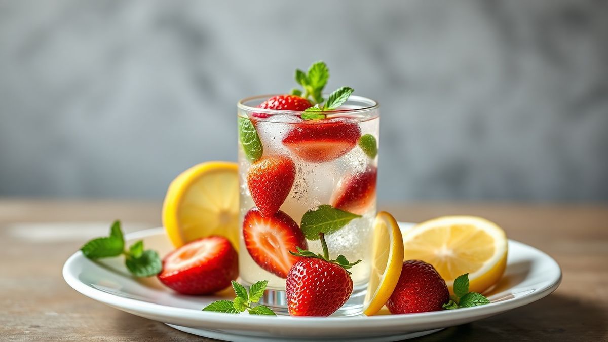 Água aromatizada caseira com limão, hortelã e frutas frescas servida em copo, refrescante e saudável.