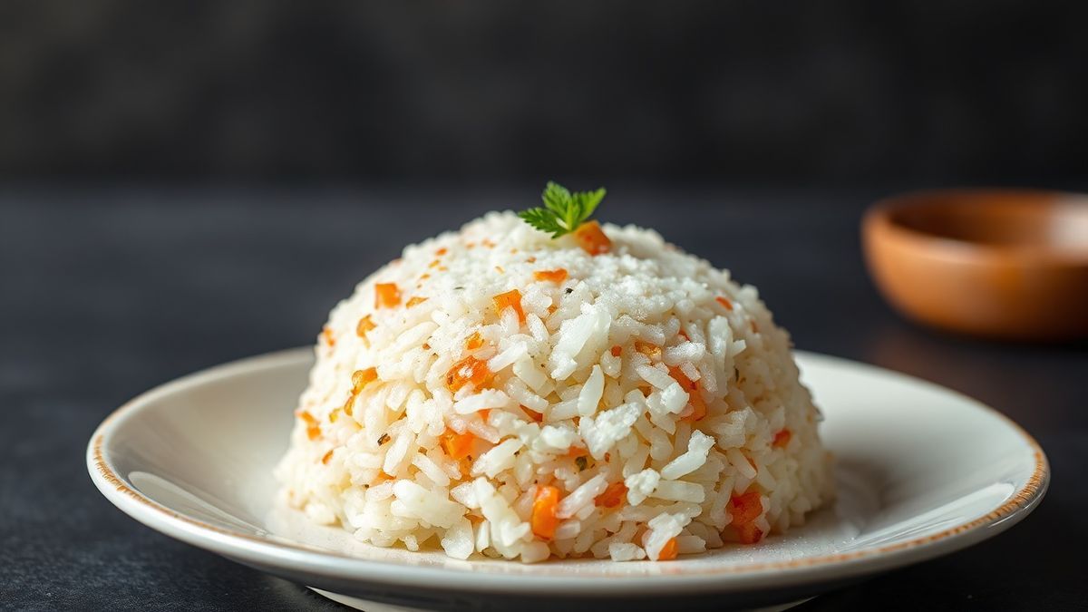 Prato de arroz de sushi pronto, com grãos brilhantes e textura soltinha, em uma tigela de cerâmica.