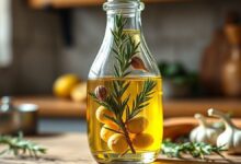 Garrafa de vidro elegante exibindo o azeite dourado com ramos de alecrim e alho