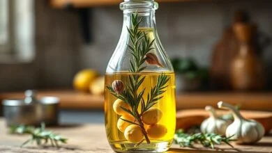 Garrafa de vidro elegante exibindo o azeite dourado com ramos de alecrim e alho