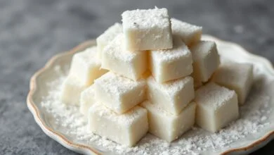 Cubos brancos e macios de bala de coco cobertos com flocos de coco