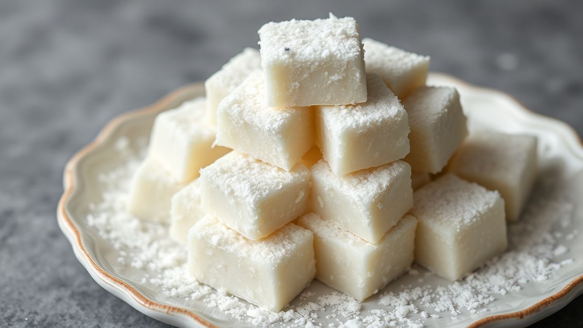 Cubos brancos e macios de bala de coco cobertos com flocos de coco