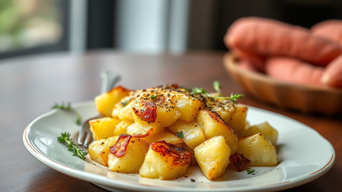 Um prato de batata gratinada perfeitamente assada, com queijo derretido e bem dourado, servido em uma mesa elegante.