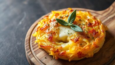 Batata rosti perfeitamente dourada e circular servida em uma tábua rústica