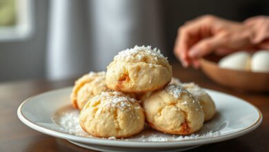 Biscoitinhos dourados e delicados, com aparência crocante por fora e miolo macio, servidos de forma apetitosa