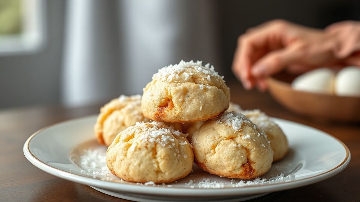 Biscoitinhos dourados e delicados, com aparência crocante por fora e miolo macio, servidos de forma apetitosa
