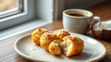 Bolinhas pequenas e douradas, com casquinha de parmesão, textura macia e aparência caseira, servidas ainda quentes