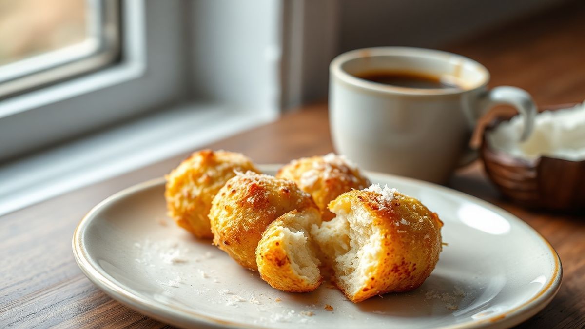 Bolinhas pequenas e douradas, com casquinha de parmesão, textura macia e aparência caseira, servidas ainda quentes