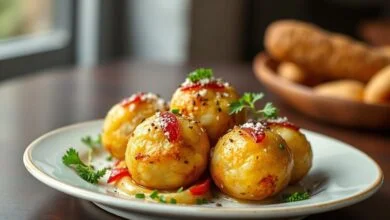 Prato de bolinhos de batata recheados, crocantes e dourados, servidos em uma mesa rustica, prontos para serem degustados.