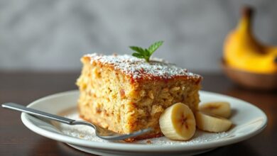 Bolo de banana fofinho inteiro sobre um suporte, com casquinha dourada e fatias de banana decorando.