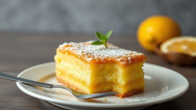 Bolo de leite condensado com casquinha de limão, perfeitamente umedecido e com crosta dourada, apresentado em um prato elegante.