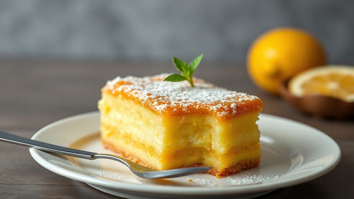 Bolo de leite condensado com casquinha de limão, apresentando uma textura úmida e crocante, ideal para sobremesa.