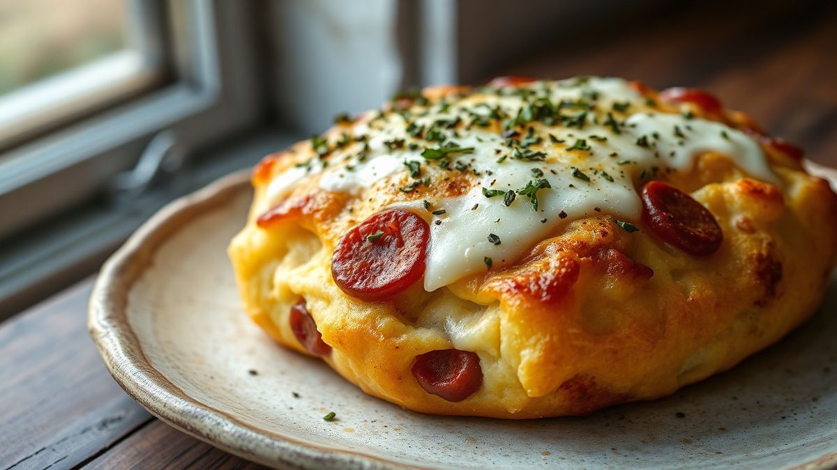 Bolo salgado dourado e fofinho, com pedaços de calabresa visíveis, queijo derretido na superfície e aroma caseiro de forno.