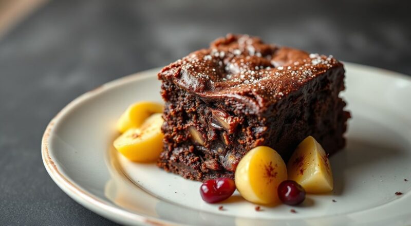 Brownie perfeito com casquinha crocante e interior úmido, decorado com nozes, servido em prato elegante.