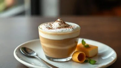 Capuccino cremoso servido em uma xícara, com espuma rica e detalhes de canela polvilhada.