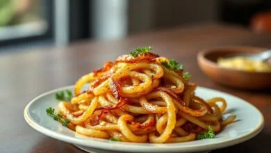 Prato colorido de cebolas fritas crocantes, em um fundo rústico, bem apresentadas e com um olhar apetitoso.