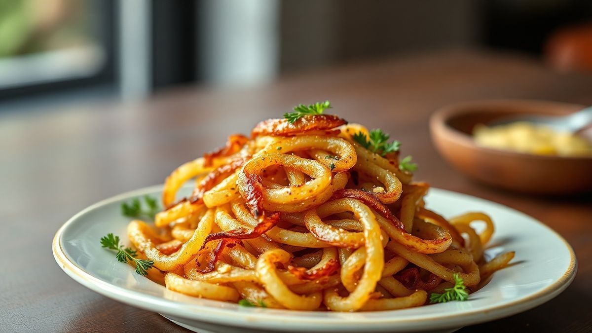 Prato de cebolas fritas crocantes, douradas e perfeitas, ideal para aperitivos.
