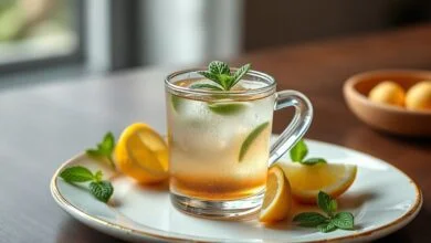 Uma xícara de chá de hortelã fresco, decorada com folhas de hortelã e uma rodela de limão, em um ambiente iluminado.