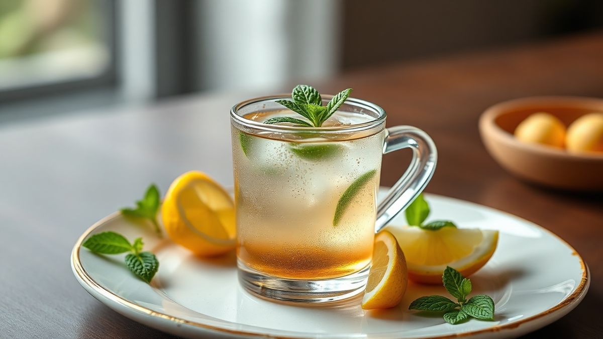 Chá de hortelã fresco em uma xícara, com folhas de hortelã e limão ao fundo.