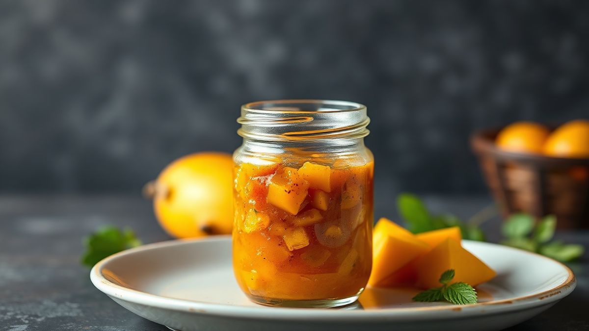 Chutney de manga servido em pote de vidro, com cor vibrante e especiarias ao redor.