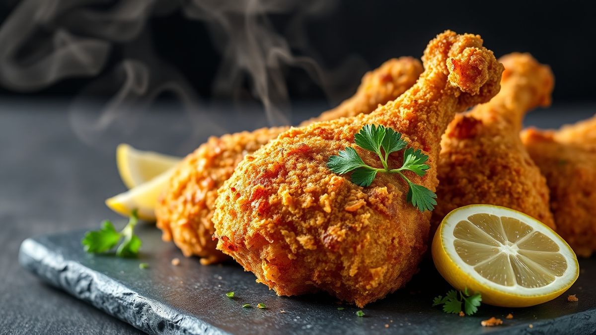 Coxas de frango com crosta dourada e crocante servidas em estilo rústico