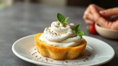 Creme de confeiteiro perfeitamente liso e sedoso, servido em um recipiente elegante, decorado com frutas.