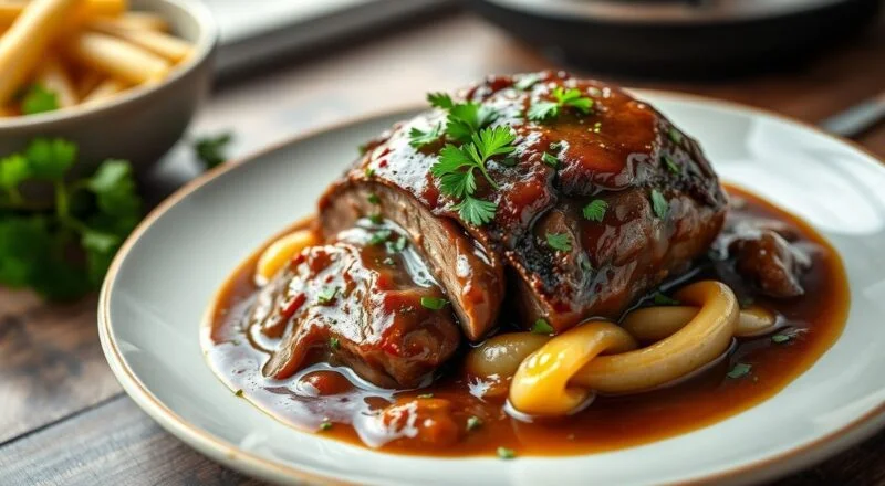 Cupim bem macio, fatiado e coberto com molho escuro brilhante, finalizado com cheiro-verde, servido de forma bem apetitoso