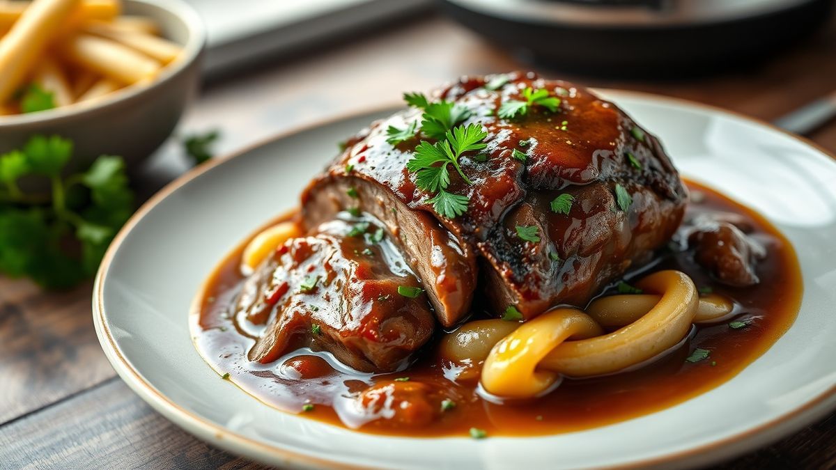 Cupim na panela de pressão desmanchando, fatiado com molho encorpado e cheiro-verde por cima