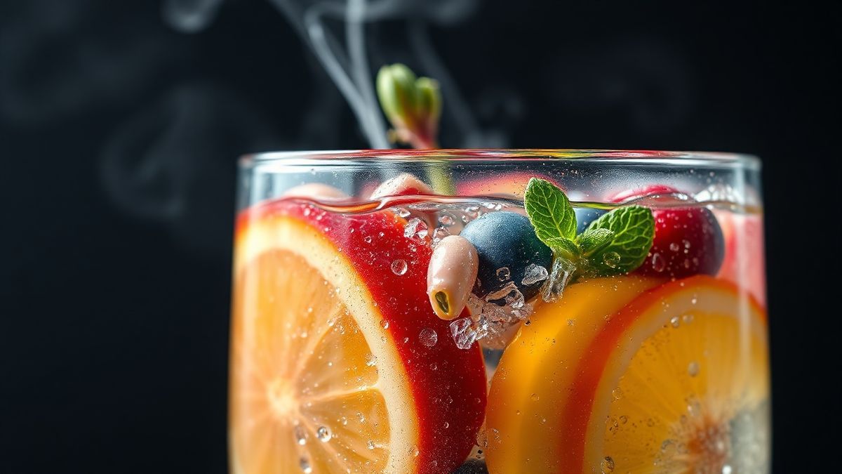 Close-up da água aromatizada pronta, destacando as cores vibrantes das frutas e ervas.