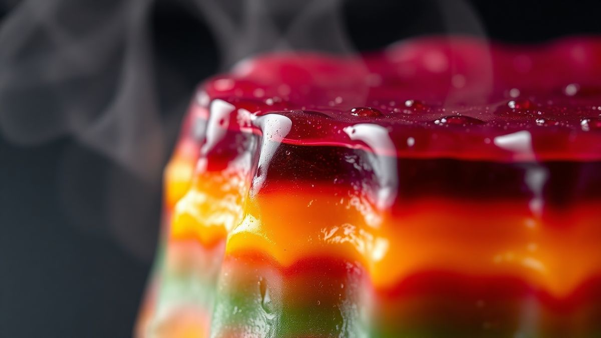 Close-up do prato de gelatina colorida, destacando as camadas e a textura vibrante.