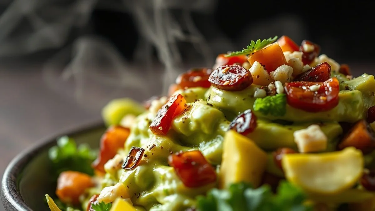 Close-up do prato pronto, destacando a textura cremosa do abacate e os ingredientes frescos.