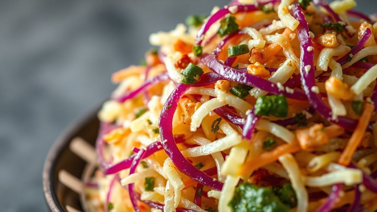 Close-up da salada de repolho pronta, mostrando a textura crocante e cores vibrantes.